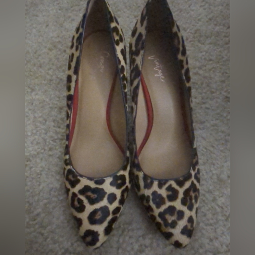 Crown Vintage Chunky Block 3.25" Heel Real Cow Fur Cheetah Print Pointed Shoe